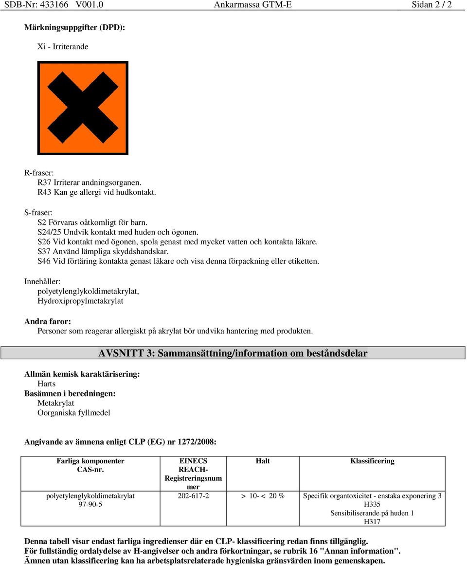 S37 Använd lämpliga skyddshandskar. S46 Vid förtäring kontakta genast läkare och visa denna förpackning eller etiketten.