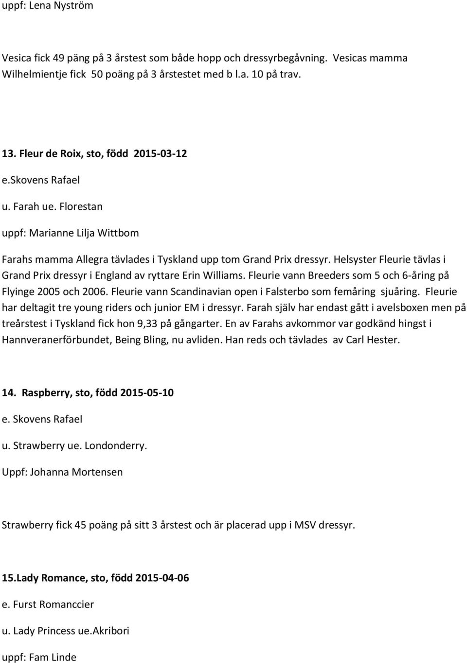 Helsyster Fleurie tävlas i Grand Prix dressyr i England av ryttare Erin Williams. Fleurie vann Breeders som 5 och 6-åring på Flyinge 2005 och 2006.