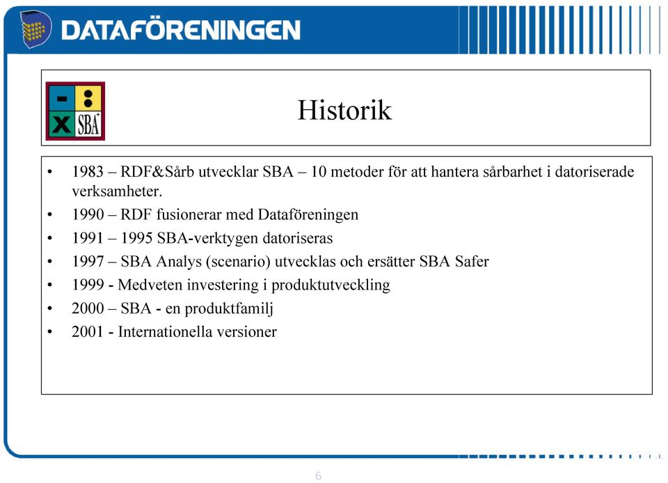 1990 RDF fusionerar med Dataföreningen 1991 1995 SBA-verktygen datoriseras 1997 SBA