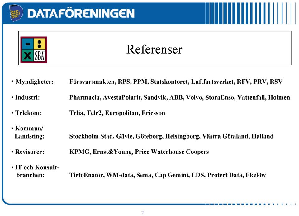 Vattenfall, Holmen Telia, Tele2, Europolitan, Ericsson Stockholm Stad, Gävle, Göteborg, Helsingborg, Västra