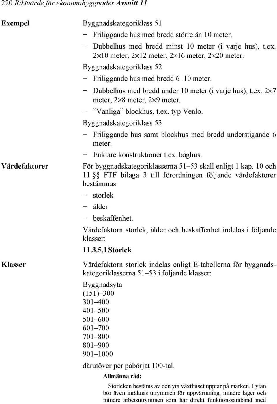 Vanliga blockhus, t.ex. typ Venlo. Byggnadskategoriklass 53 Friliggande hus samt blockhus med bredd understigande 6 meter. Enklare konstruktioner t.ex. båghus.