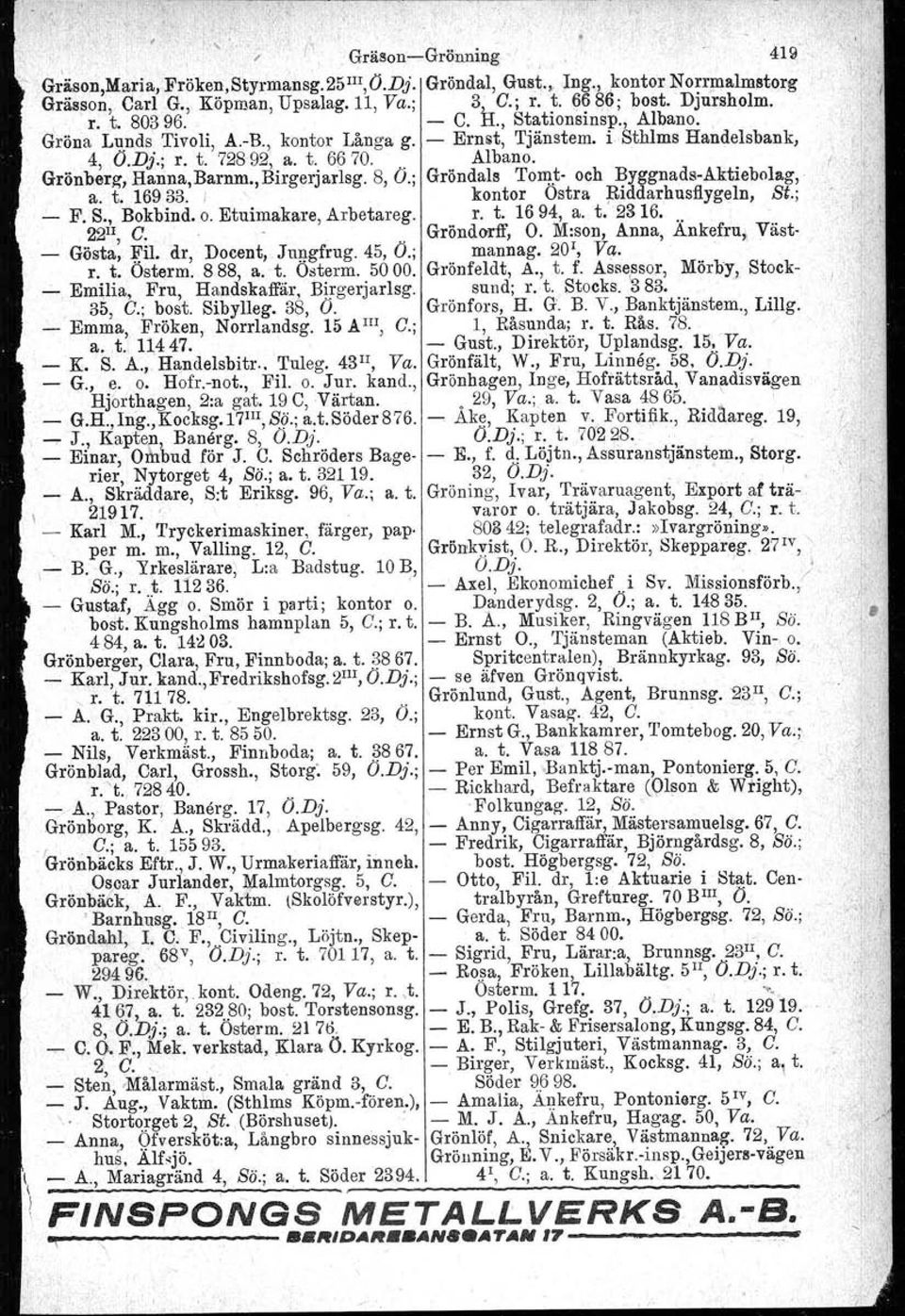 , Birgerjarlsg. 8, O.; Gröndals Tomt och ByggnadsAktiebolag, a. t. 169!33. I '. kontor Ostra Biddarbusflygeln, St.; _ F. S., Bokbind. o. Etuimakare. Arbetareg. r. t. 1694, a. t. 2316... 221I, C.