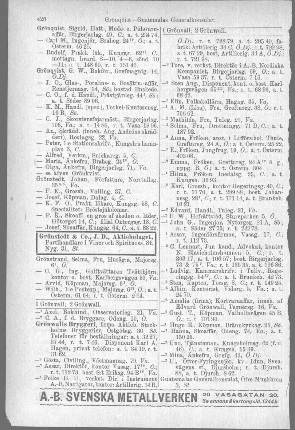 hvard. 810, '46, sönd. 10 r. t. 72198. 11; a. t. 14869, r. t. 15146. _2 Tore, v. verkst. Direktör i A.B, Nordiska Grönqyfst, G. W., Bokför., Grefmagnig. 14, Kompaniet, Birgerjarlsg. 69, O.; a. t. O.Dj.