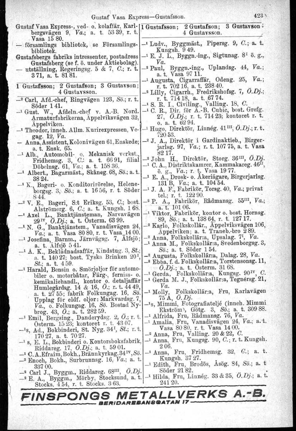 8 1 Ö. g., Gustafsberg (se f. ö. under Aktiebolag). Va. _ utställning, Regeringsg. 5 & 7, C.; r. t. ' Paul, Byggn.ing., Uplandsg, 44, Va.; 371, a'. t. 81 81. a. t. Vasa 97 Il.