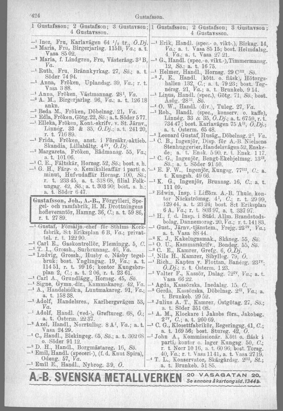 (spec. o. vikt.), Timmermansg. Va. 12, ss; a. t. 1675. _1 Ruth, Fru, Brännkyrkag. 27, ss; a. t. _I Helmer, Handl., Hornsg. 29 CIII.... S Ö Söder 7494. _2 J. E., Handl, (kött. o. fläsk), Hötorgs _1 Anna, Fröken, Uplandeg.