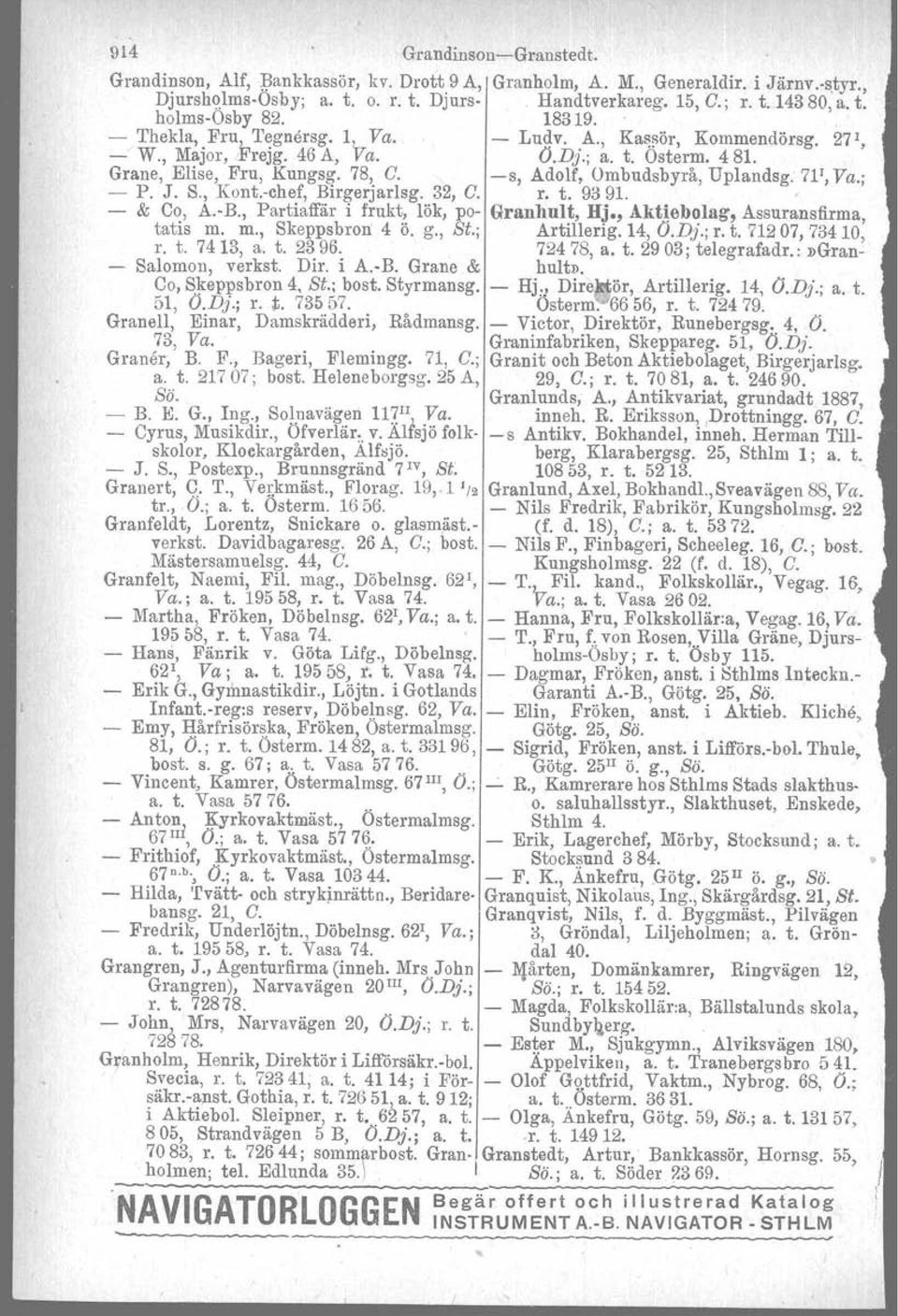 71', Va.; P. J. S., Kont.chef, Birgerjarlsg. 32, C. r. t. 9391. & Co, A. B., Partiaffär i frukt, lök, po Granhult, Hj., Akt~ebolag, Assuransfirma, tatis m. m., Skeppsbron 4 Ö. g., Si.; Artillerig.