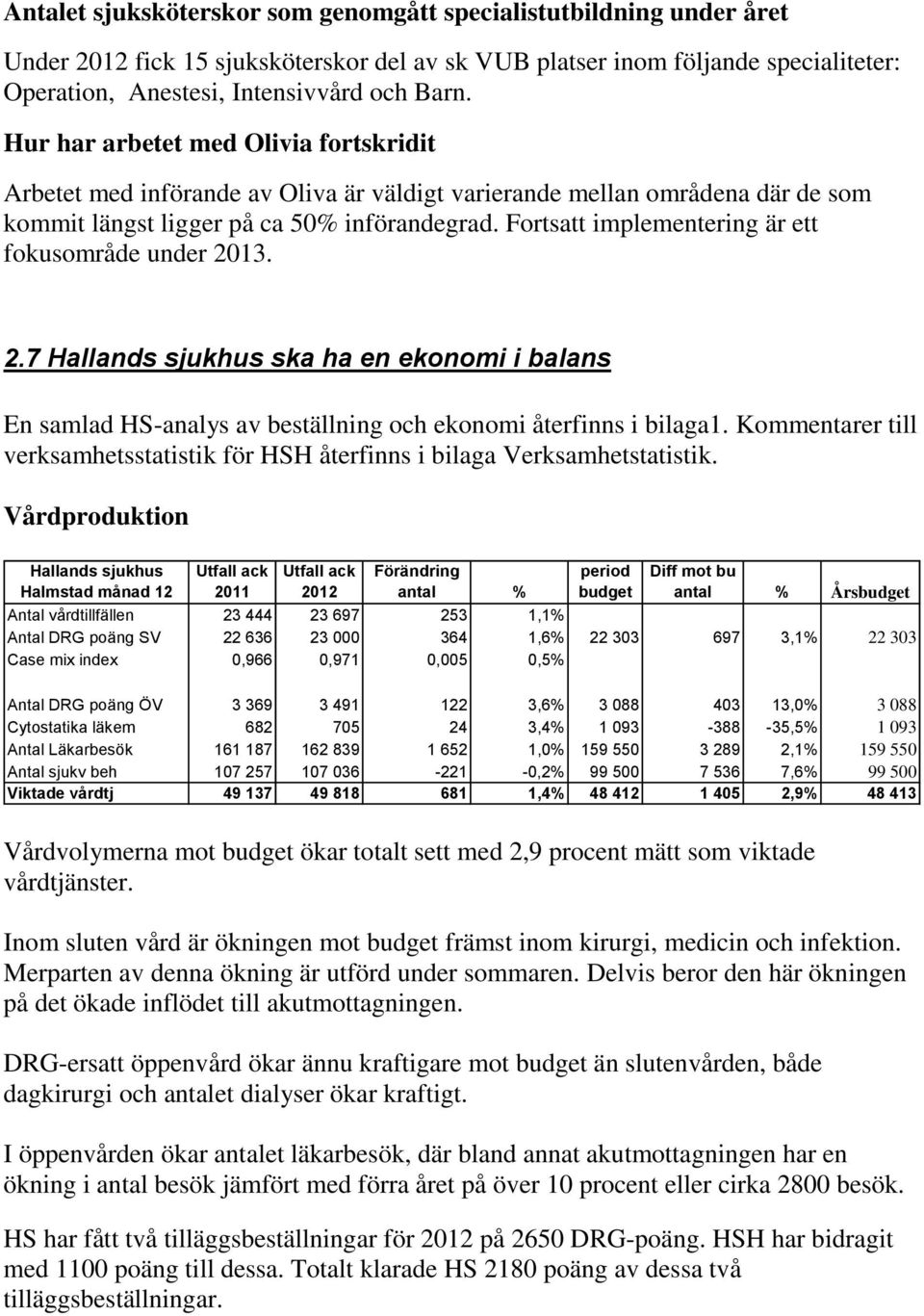 Fortsatt implementering är ett fokusområde under 2013. 2.7 Hallands sjukhus ska ha en ekonomi i balans En samlad HS-analys av beställning och ekonomi återfinns i bilaga1.