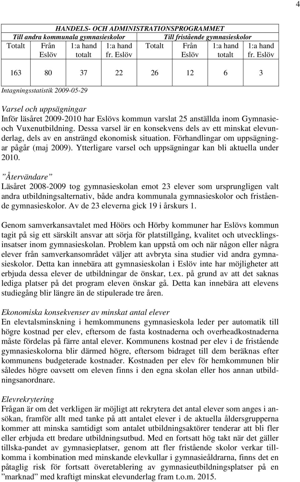 Dessa varsel är en konsekvens dels av ett minskat elevunderlag, dels av en ansträngd ekonomisk situation. Förhandlingar om uppsägningar pågår (maj 2009).