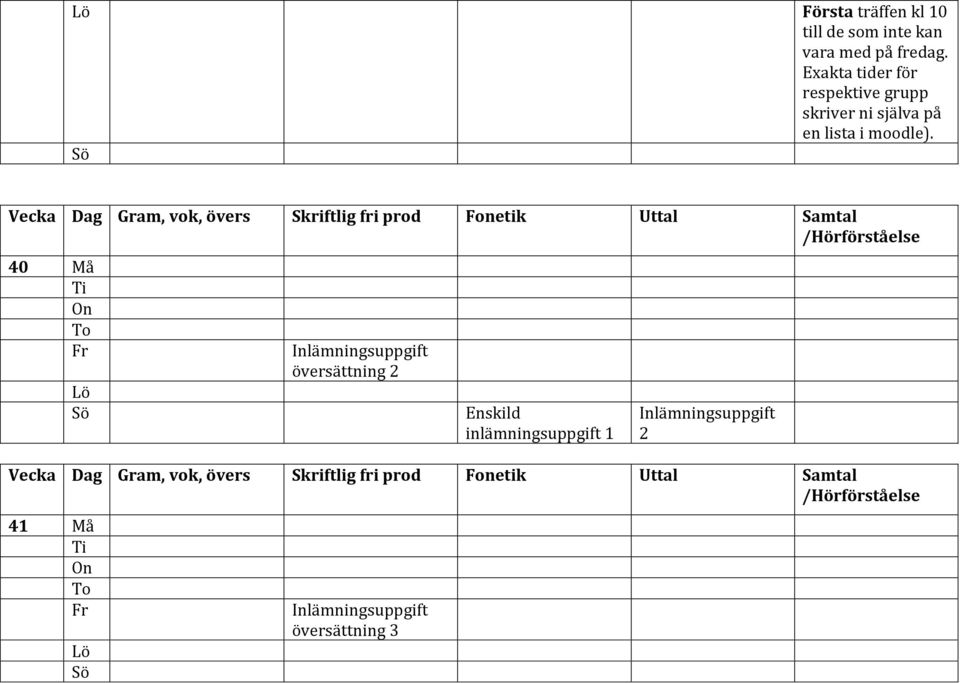 Exakta tider för respektive grupp skriver ni själva