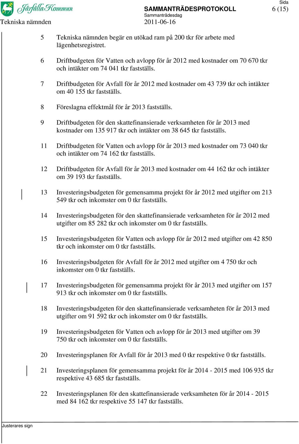 7 Driftbudgeten för Avfall för år 2012 med kostnader om 43 739 tkr och intäkter om 40 155 tkr fastställs. 8 Föreslagna effektmål för år 2013 fastställs.