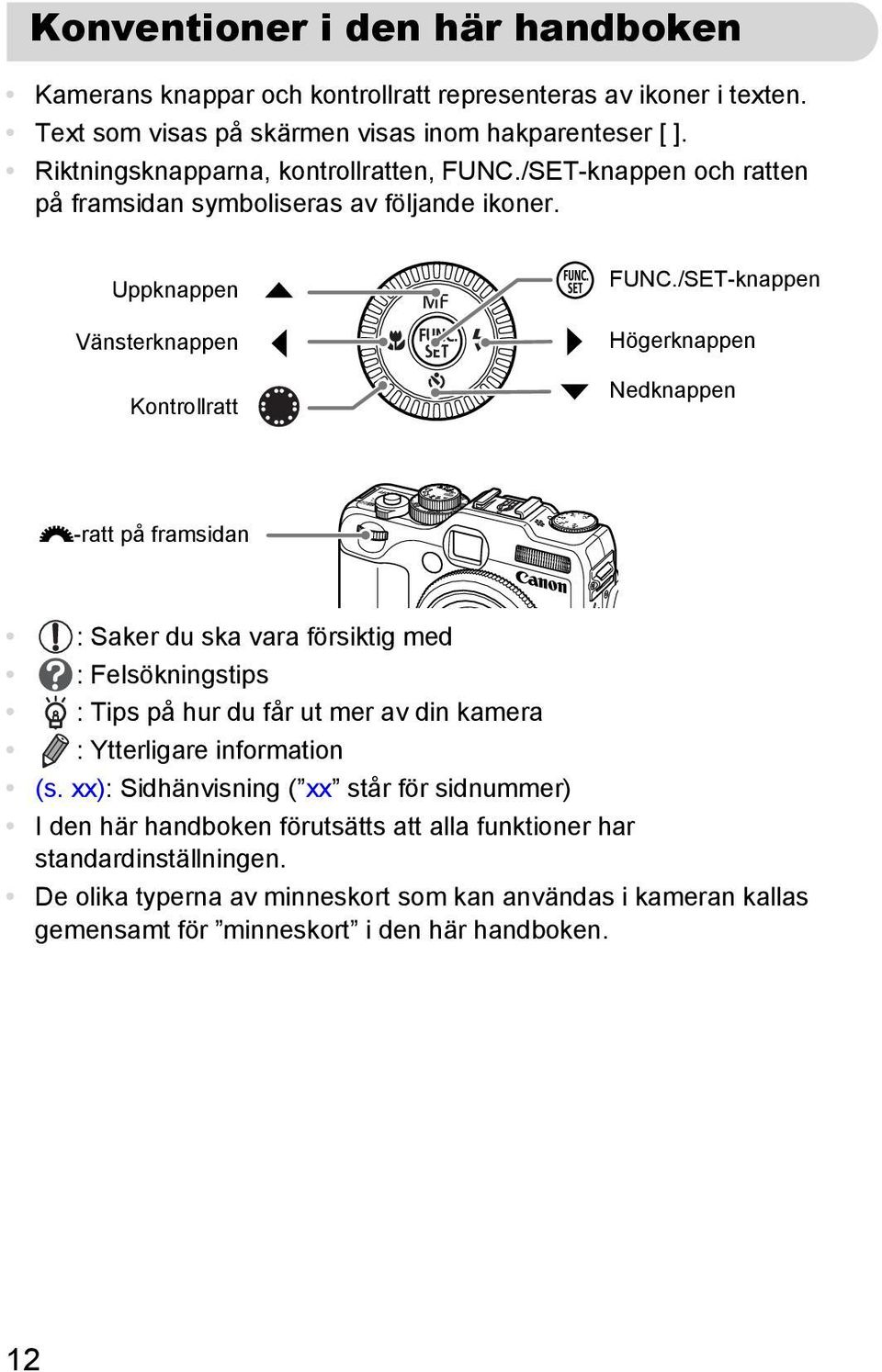 /SET-knappen Högerknappen Nedknappen -ratt på framsidan : Saker du ska vara försiktig med : Felsökningstips : Tips på hur du får ut mer av din kamera : Ytterligare information (s.