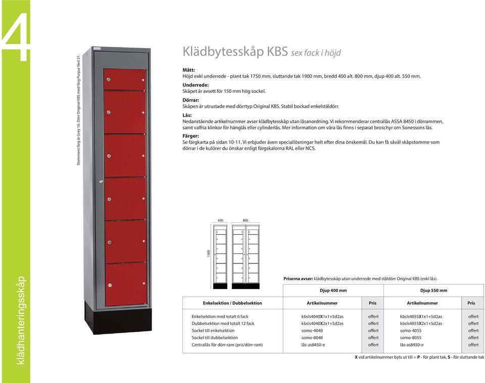 Lås: Nedanstående artikelnummer avser klädbytesskåp utan låsanordning. Vi rekommenderar centrallås ASSA 8450 i dörrammen, samt valfria klinkor för hänglås eller cylinderlås.
