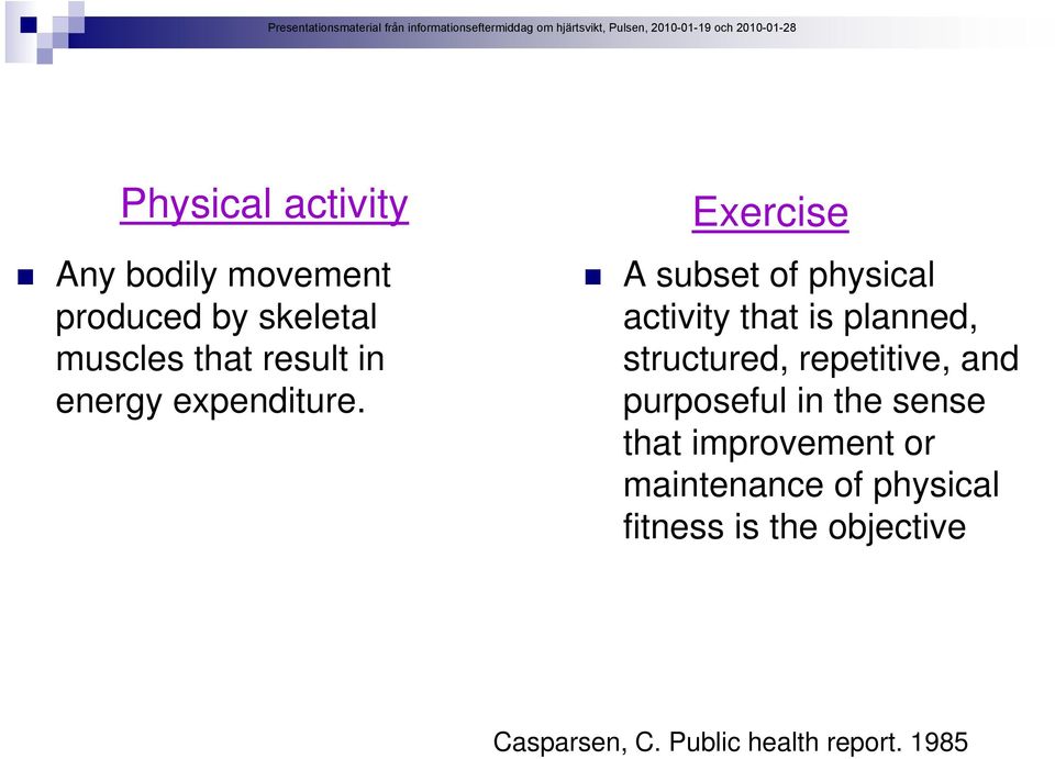 Exercise A subset of physical activity that is planned, structured, repetitive,