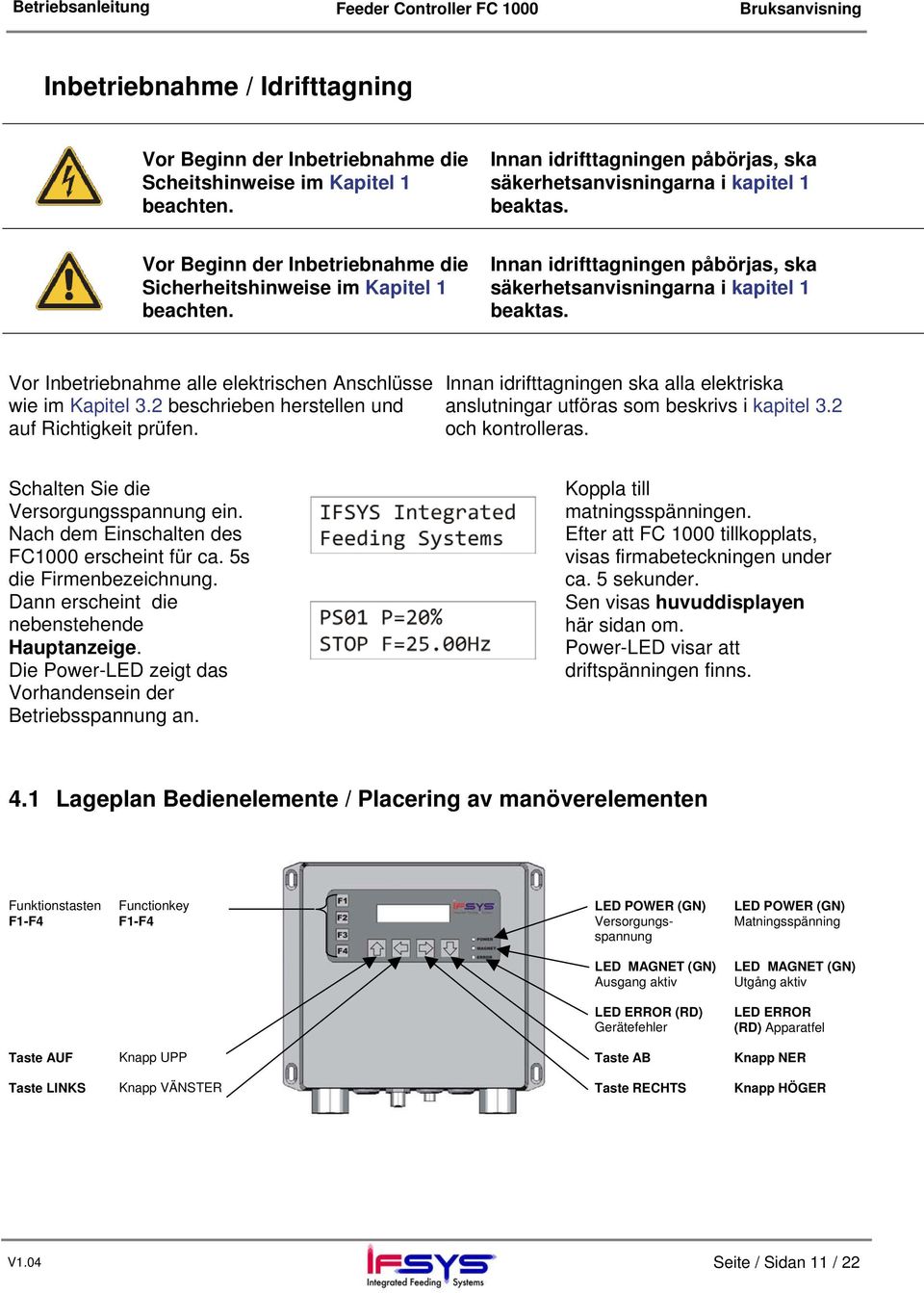 Vor Inbetriebnahme alle elektrischen Anschlüsse wie im Kapitel 3.2 beschrieben herstellen und auf Richtigkeit prüfen.