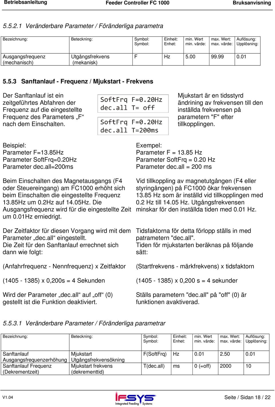 00 99.99 0.01 5.5.3 Sanftanlauf - Frequenz / Mjukstart - Frekvens Der Sanftanlauf ist ein zeitgeführtes Abfahren der Frequenz auf die eingestellte Frequenz des Parameters F nach dem Einschalten.