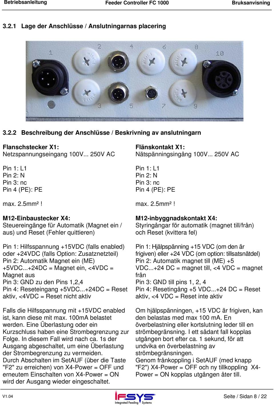 M12-Einbaustecker X4: Steuereingänge für Automatik (Magnet ein / aus) und Reset (Fehler quittieren) Pin 1: Hilfsspannung +15VDC (falls enabled) oder +24VDC (falls Option: Zusatznetzteil) Pin 2: