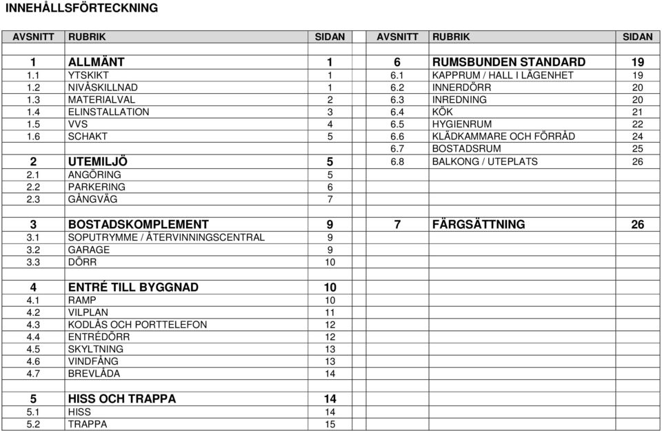 7 BOSTADSRUM 25 2 UTEMILJÖ 5 6.8 BALKONG / UTEPLATS 26 2.1 ANGÖRING 5 2.2 PARKERING 6 2.3 GÅNGVÄG 7 3 BOSTADSKOMPLEMENT 9 7 FÄRGSÄTTNING 26 3.