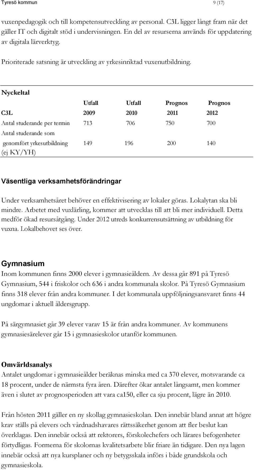 Nyckeltal Utfall Utfall Prognos Prognos C3L 2009 2010 2011 2012 Antal studerande per termin 713 706 750 700 Antal studerande som genomfört yrkesutbildning 149 196 200 140 (ej KY/YH) Väsentliga