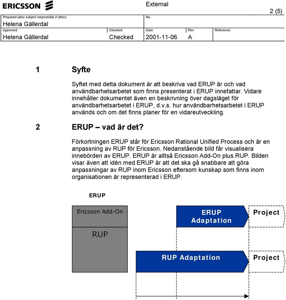 2 ERUP vad är det? Förkortningen ERUP står för Ericsson Rational Unified Process och är en anpassning av RUP för Ericsson. Nedanstående bild får visualisera innebörden av ERUP.