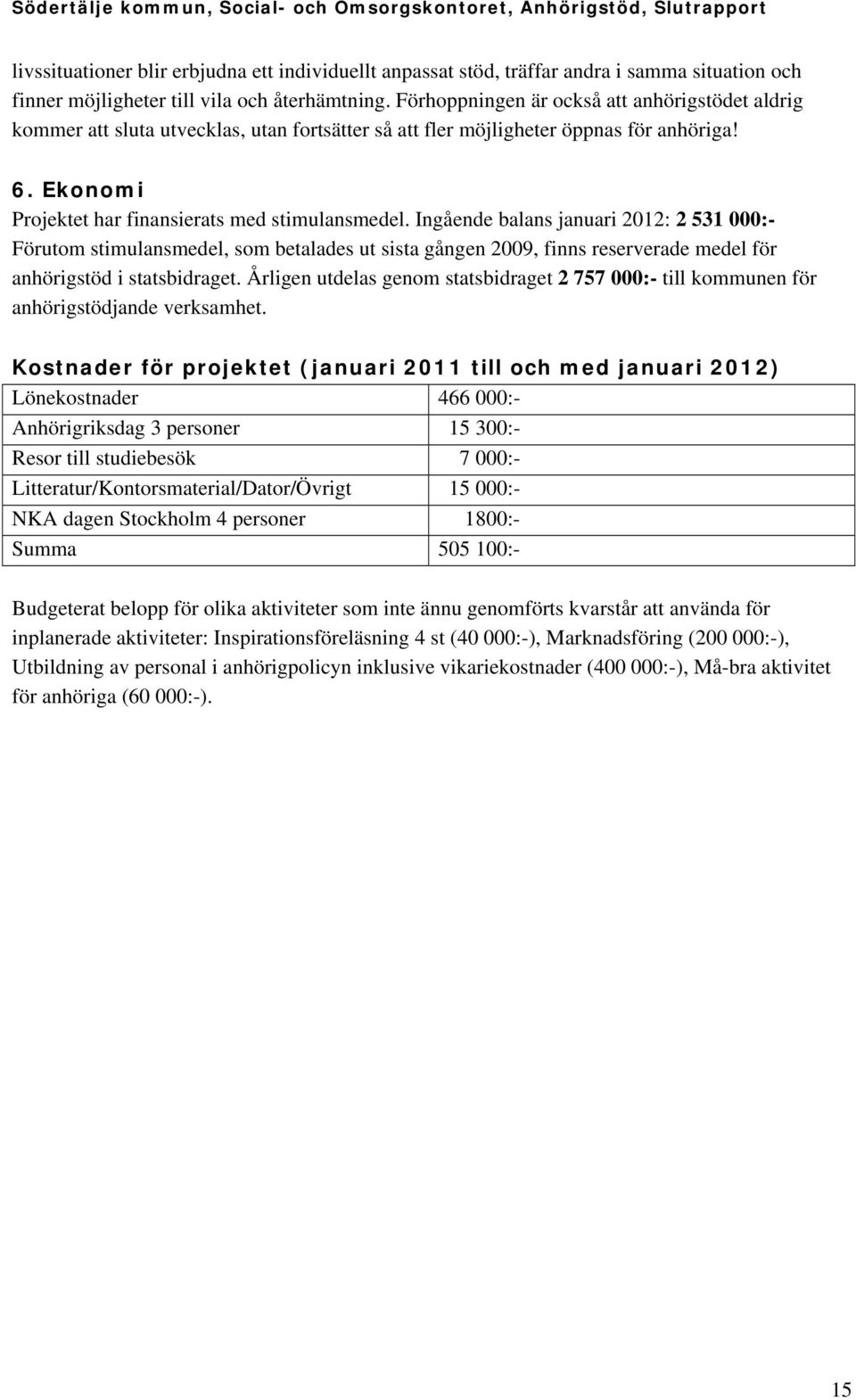 Ingående balans januari 2012: 2 531 000:- Förutom stimulansmedel, som betalades ut sista gången 2009, finns reserverade medel för anhörigstöd i statsbidraget.