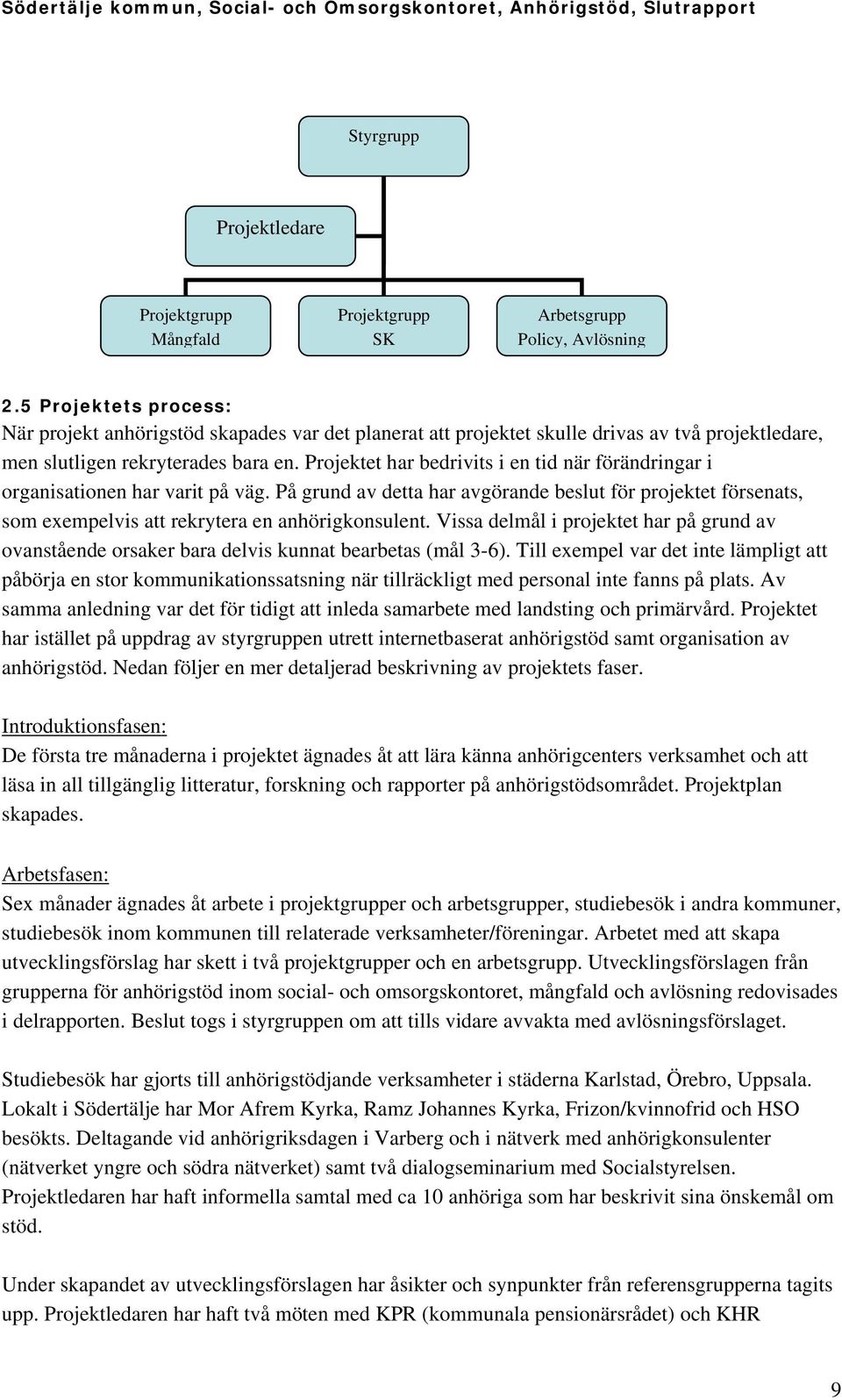 Projektet har bedrivits i en tid när förändringar i organisationen har varit på väg. På grund av detta har avgörande beslut för projektet försenats, som exempelvis att rekrytera en anhörigkonsulent.