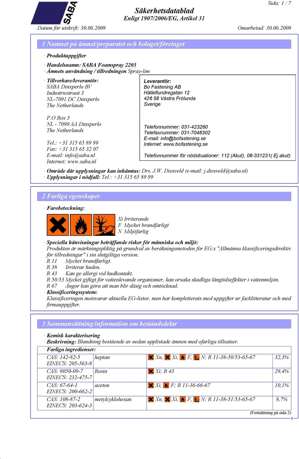 nl Internet: www.saba.nl Område där upplysningar kan inhämtas: Drs. J.W. Diesveld (e-mail: j.diesveld@saba.nl) Upplysningar i nödfall: Tel.