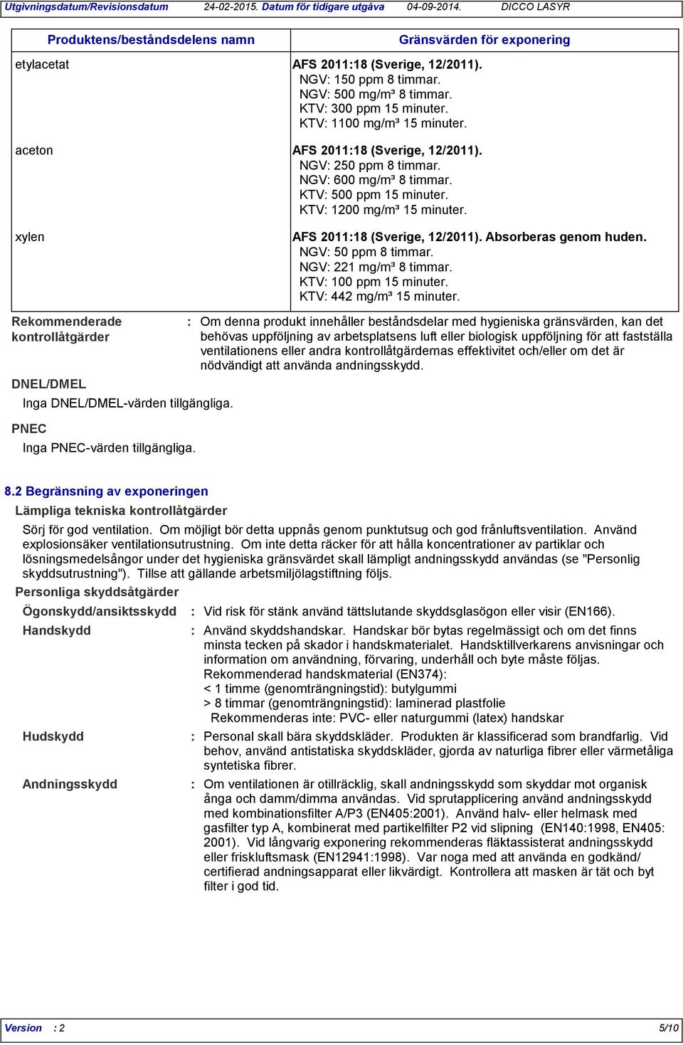 NGV 50 ppm 8 timmar. NGV 221 mg/m³ 8 timmar. KTV 100 ppm 15 minuter. KTV 442 mg/m³ 15 minuter. Rekommenderade kontrollåtgärder DNEL/DMEL Inga DNEL/DMEL-värden tillgängliga.