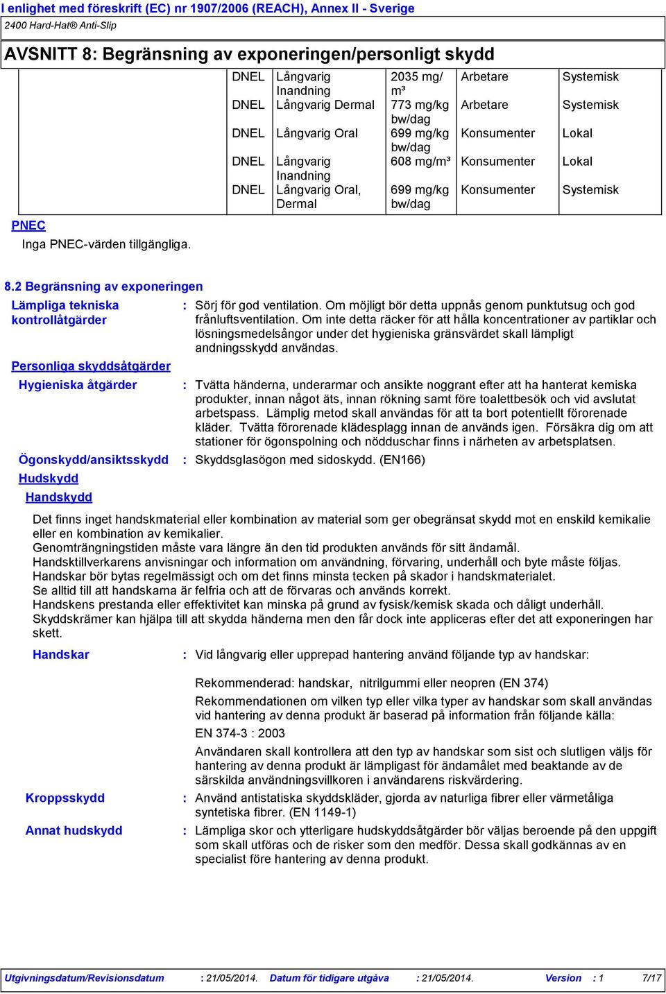 Konsumenter Lokal Inandning DNEL Långvarig Oral, Dermal 699 mg/kg bw/dag Konsumenter Systemisk 8.