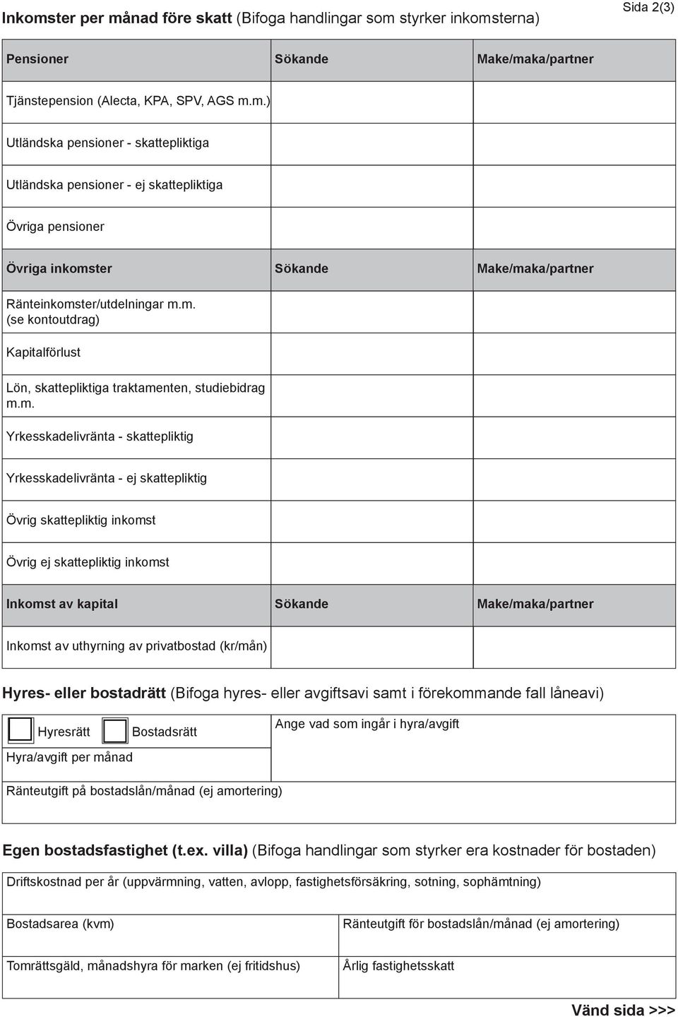 skattepliktig inkomst Inkomst av kapital Sökande Make/maka/partner Inkomst av uthyrning av privatbostad (kr/mån) Hyres- eller bostadrätt (Bifoga hyres- eller avgiftsavi samt i förekommande fall