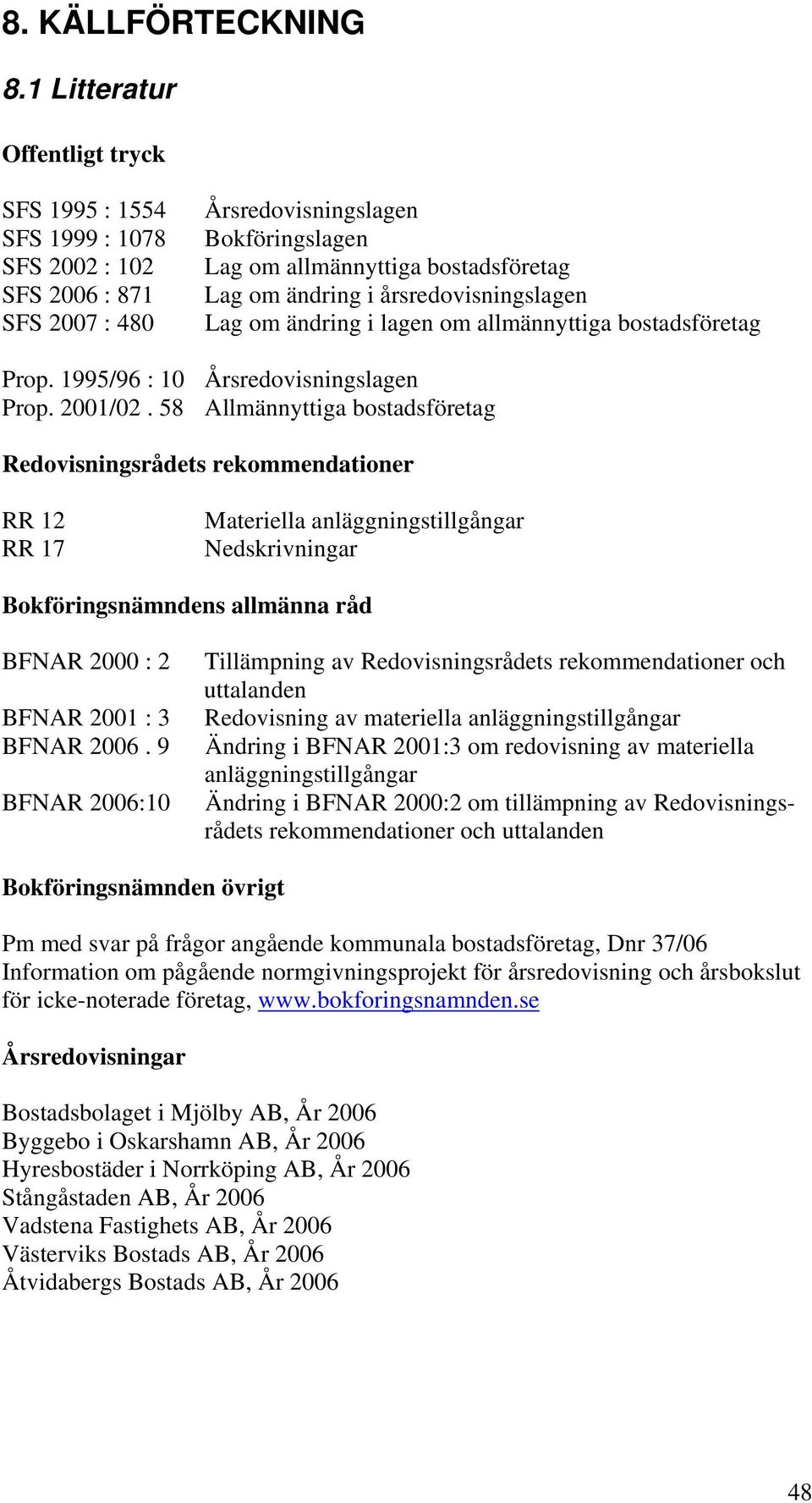 Allmännyttiga bostadsföretag Redovisningsrådets rekommendationer RR 12 RR 17 Materiella anläggningstillgångar Nedskrivningar Bokföringsnämndens allmänna råd BFNAR 2000 : 2 BFNAR 2001 : 3 BFNAR 2006.