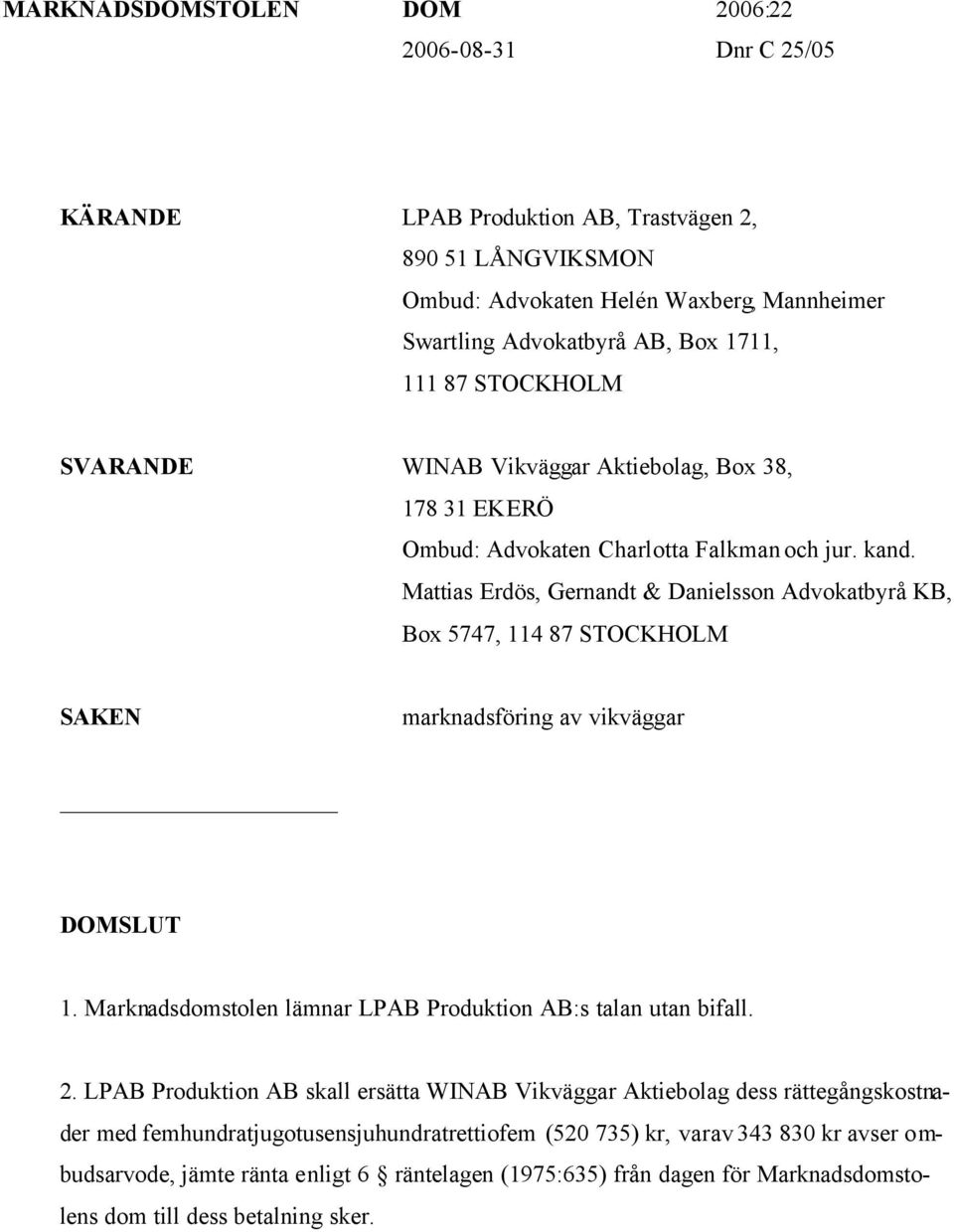 Mattias Erdös, Gernandt & Danielsson Advokatbyrå KB, Box 5747, 114 87 STOCKHOLM SAKEN marknadsföring av vikväggar DOMSLUT 1. Marknadsdomstolen lämnar LPAB Produktion AB:s talan utan bifall. 2.