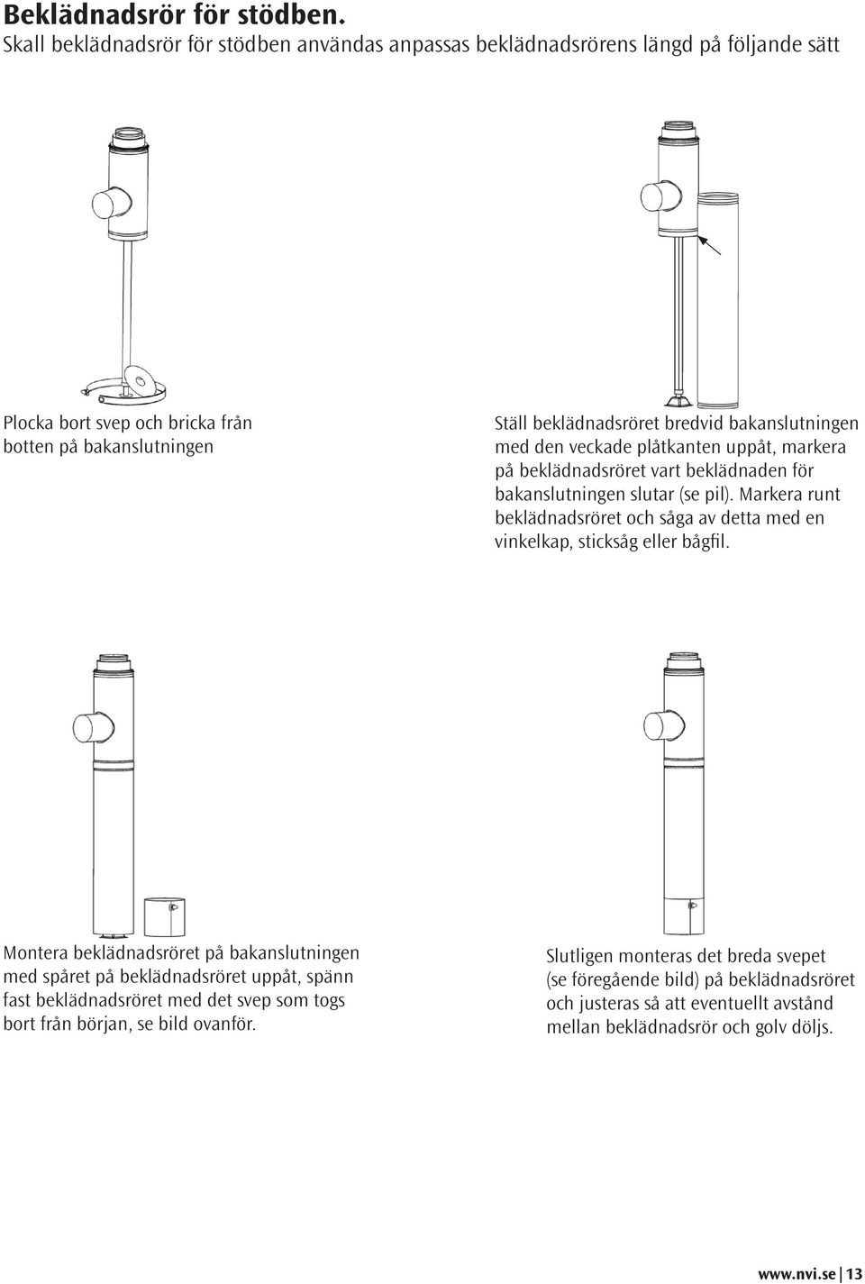 bakanslutningen med den veckade plåtkanten uppåt, markera på beklädnadsröret vart beklädnaden för bakanslutningen slutar (se pil).