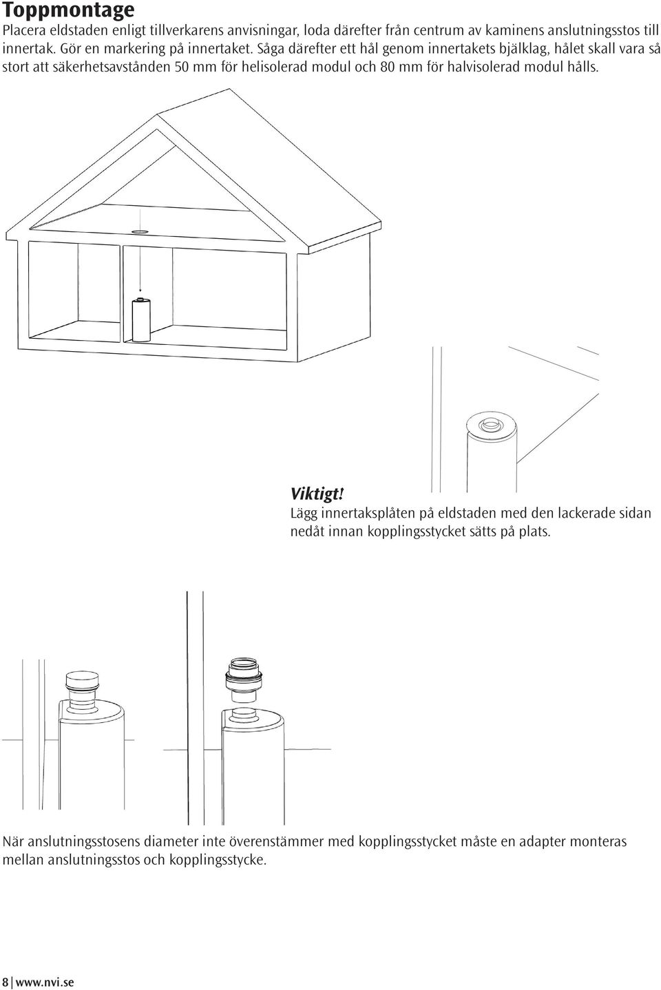 Såga därefter ett hål genom innertakets bjälklag, hålet skall vara så stort att säkerhetsavstånden 50 mm för helisolerad modul och 80 mm för