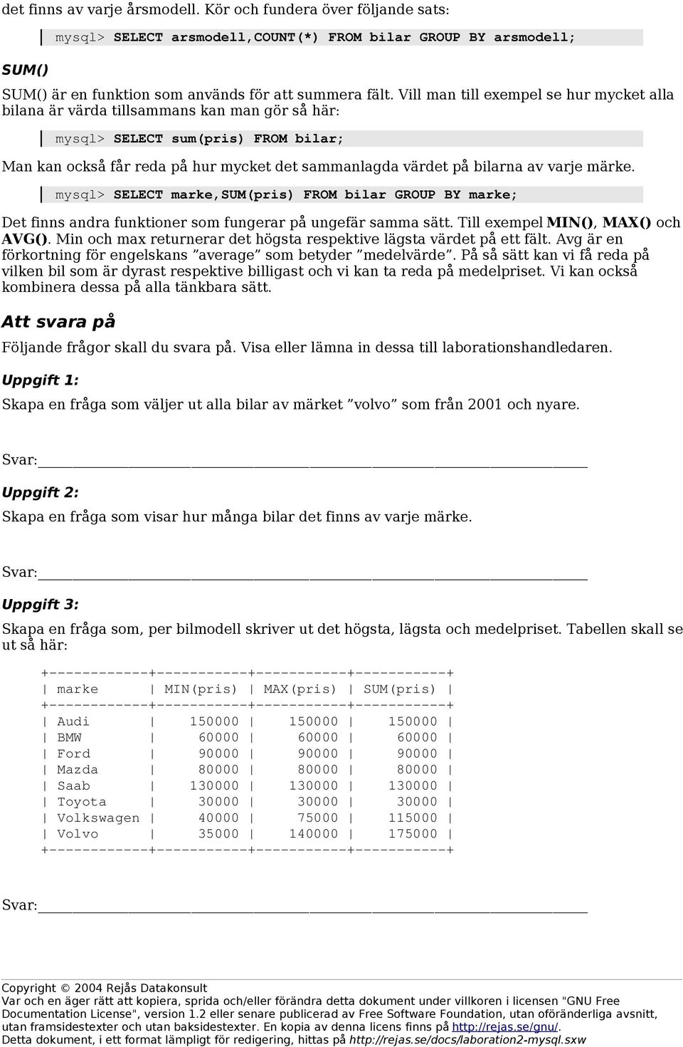 varje märke. mysql> SELECT marke,sum(pris) FROM bilar GROUP BY marke; Det finns andra funktioner som fungerar på ungefär samma sätt. Till exempel MIN(), MAX() och AVG().