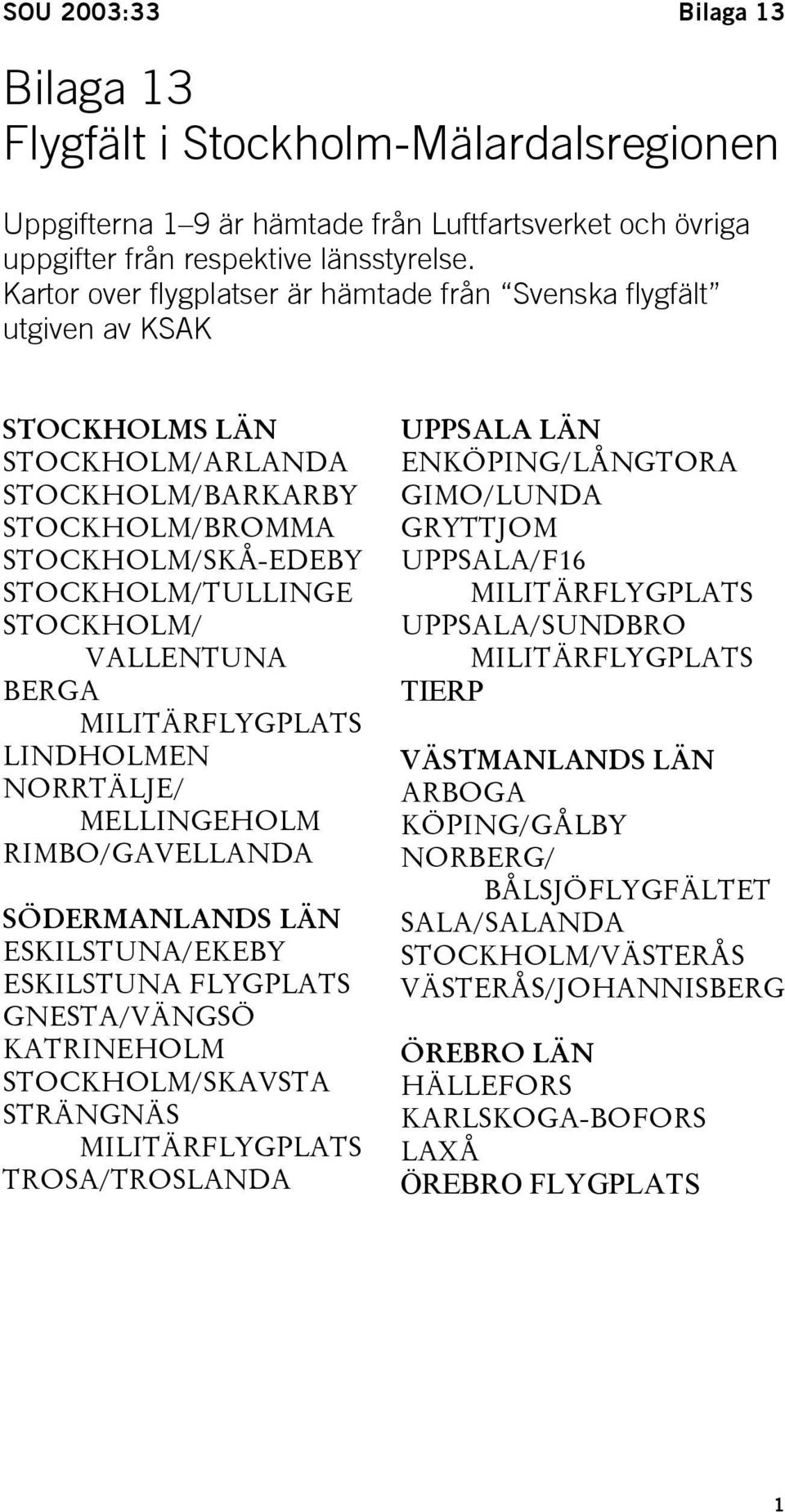VALLENTUNA BERGA MILITÄRFLYGPLATS LINDHOLMEN NORRTÄLJE/ MELLINGEHOLM RIMBO/GAVELLANDA SÖDERMANLANDS LÄN ESKILSTUNA/EKEBY ESKILSTUNA FLYGPLATS GNESTA/VÄNGSÖ KATRINEHOLM STOCKHOLM/SKAVSTA STRÄNGNÄS