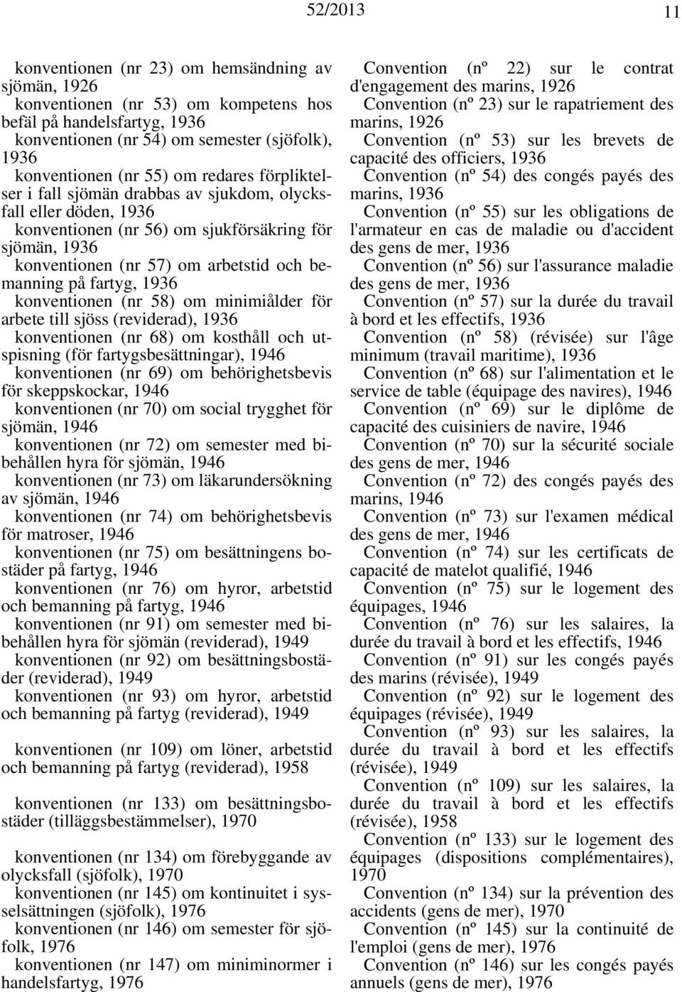 1936 konventionen (nr 58) om minimiålder för arbete till sjöss (reviderad), 1936 konventionen (nr 68) om kosthåll och utspisning (för fartygsbesättningar), 1946 konventionen (nr 69) om