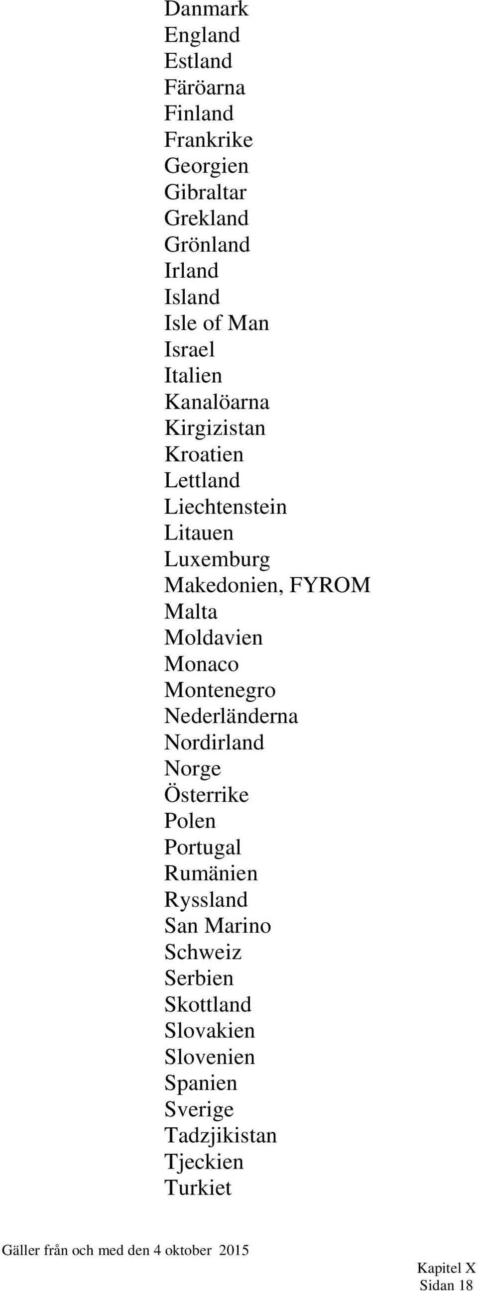 Malta Moldavien Monaco Montenegro Nederländerna Nordirland Norge Österrike Polen Portugal Rumänien Ryssland