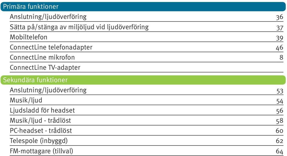 ConnectLine TV-adapter Sekundära funktioner Anslutning/ljudöverföring 53 Musik/ljud 54