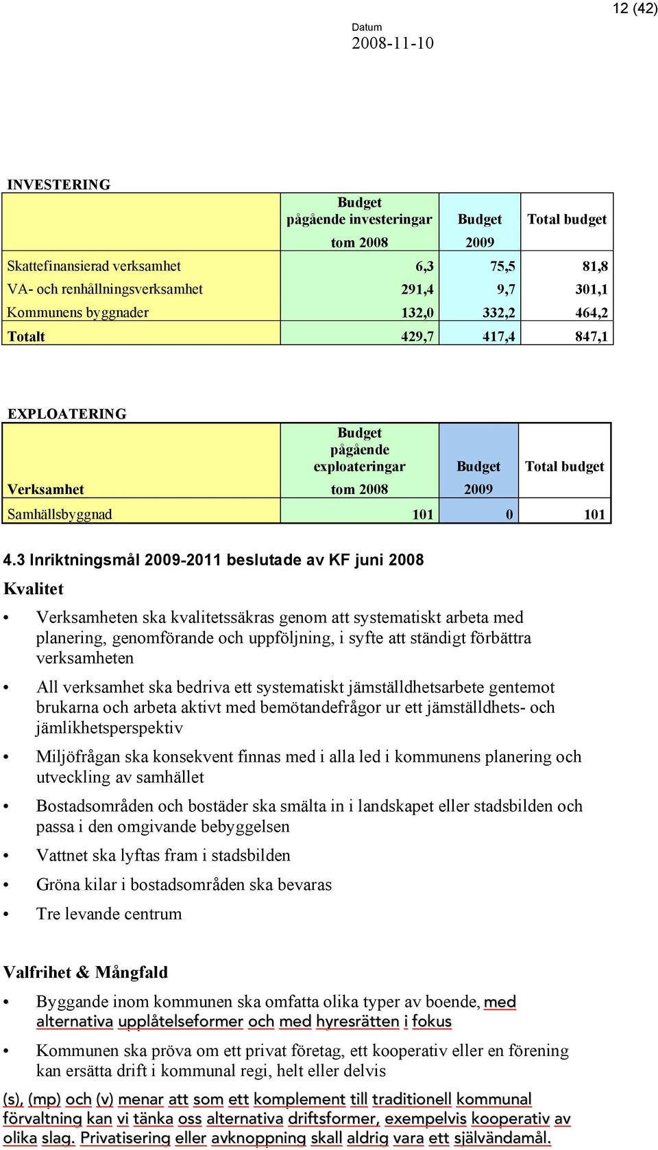 3 Inriktningsmål 2009-2011 beslutade av KF juni 2008 Kvalitet Verksamheten ska kvalitetssäkras genom att systematiskt arbeta med planering, genomförande och uppföljning, i syfte att ständigt