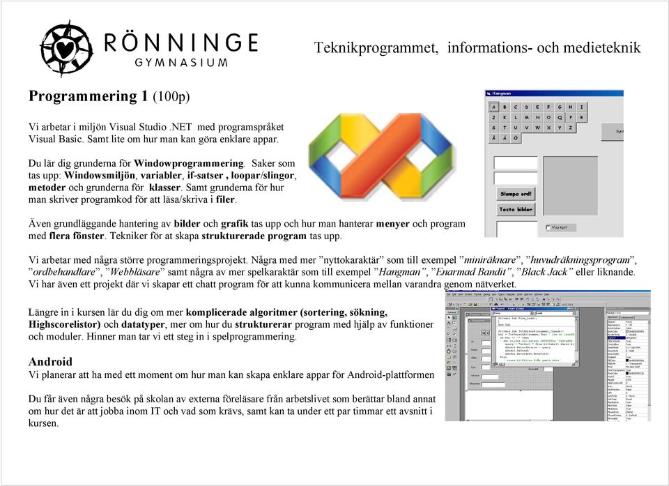 Även grundläggande hantering av bilder och grafik tas upp och hur man hanterar menyer och program med flera fönster. Tekniker för at skapa strukturerade program tas upp.