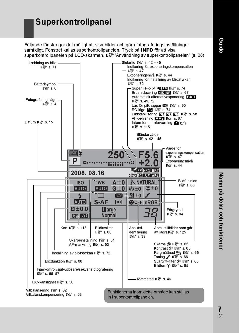 15 Slutartid g s. 42 45 Indikering för exponeringskompensation g s. 47 Exponeringsnivå g s. 44 Indikering för inställning av blixtstyrkan g s. 72 Super FP-blixt 1 g s. 74 Brusreducering mo g s.