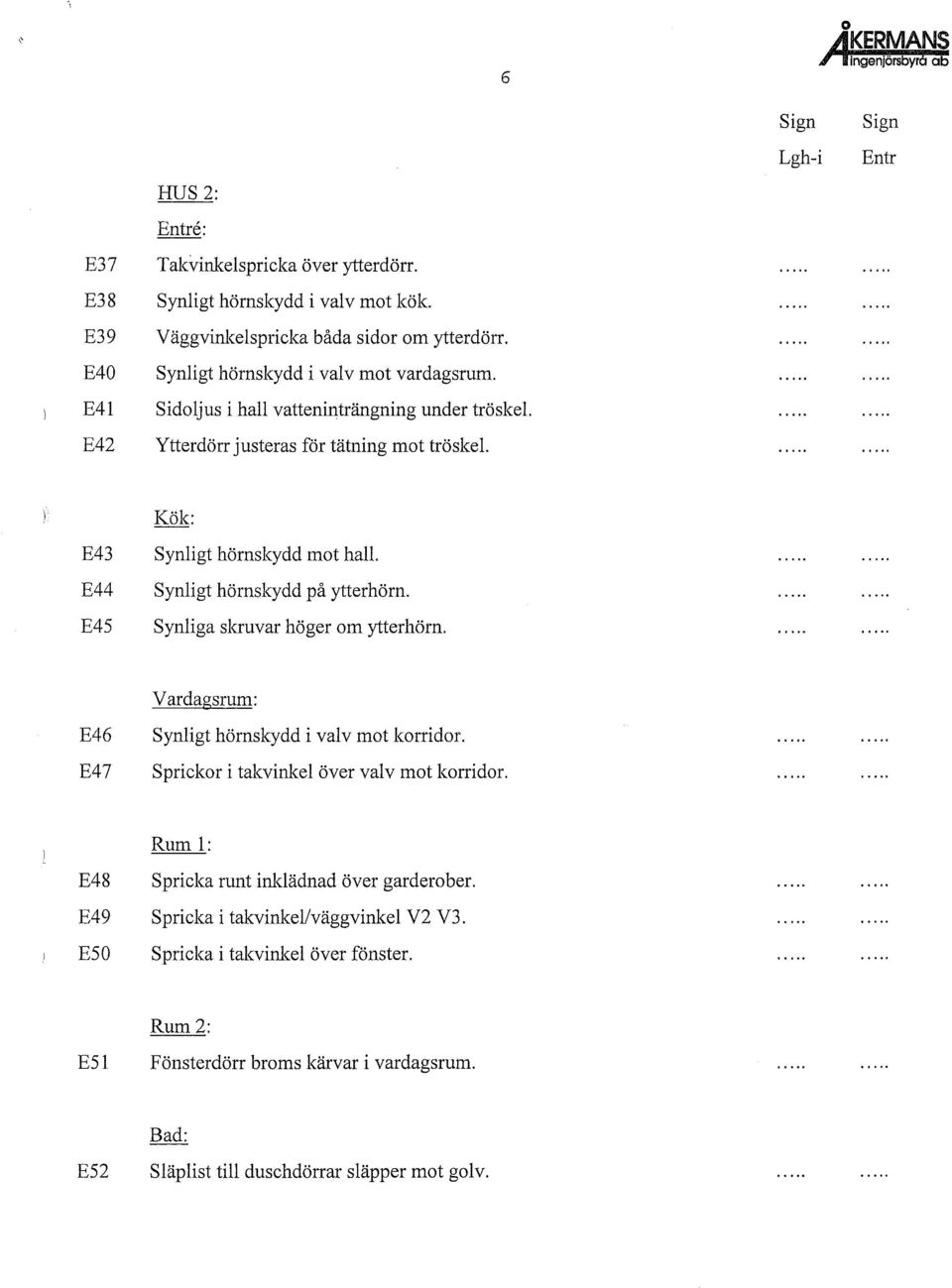 Synligt hörnskydd på ytterhörn. Synliga siauvar höger om ytterhörn. E46 E47 Vardagsrum: Synligt hörnskydd i valv mot korridor. Sprickor i takvinkel över valv mot korridor.