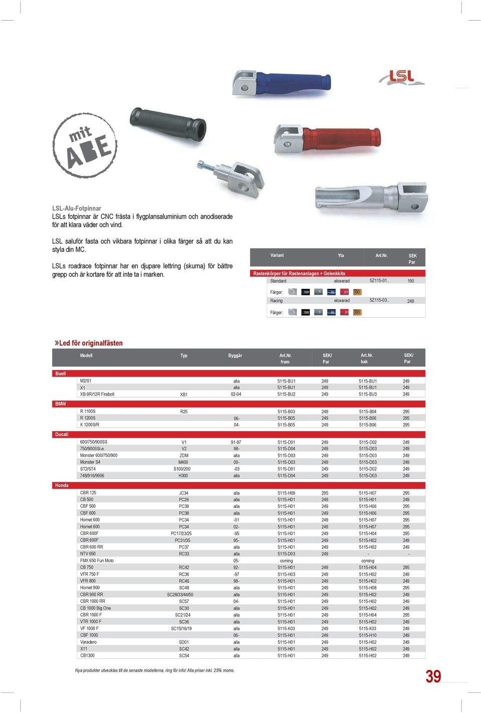 SEK Par Rastenkörper für Rastenanlagen + Gelenkkits Standard eloxerad 5Z11501.. 190 Färger:..SI....TI..BL..RT..GO Racing eloxerad 5Z11503.. Färger:..SI....TI..BL..RT..GO»Led för originalfästen Modell Typ Byggår Art.