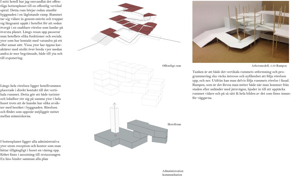 Längs resan upp passerar man hotellets olika funktioner och sociala ytor som har kontakt med varandra på ett eller annat sätt.