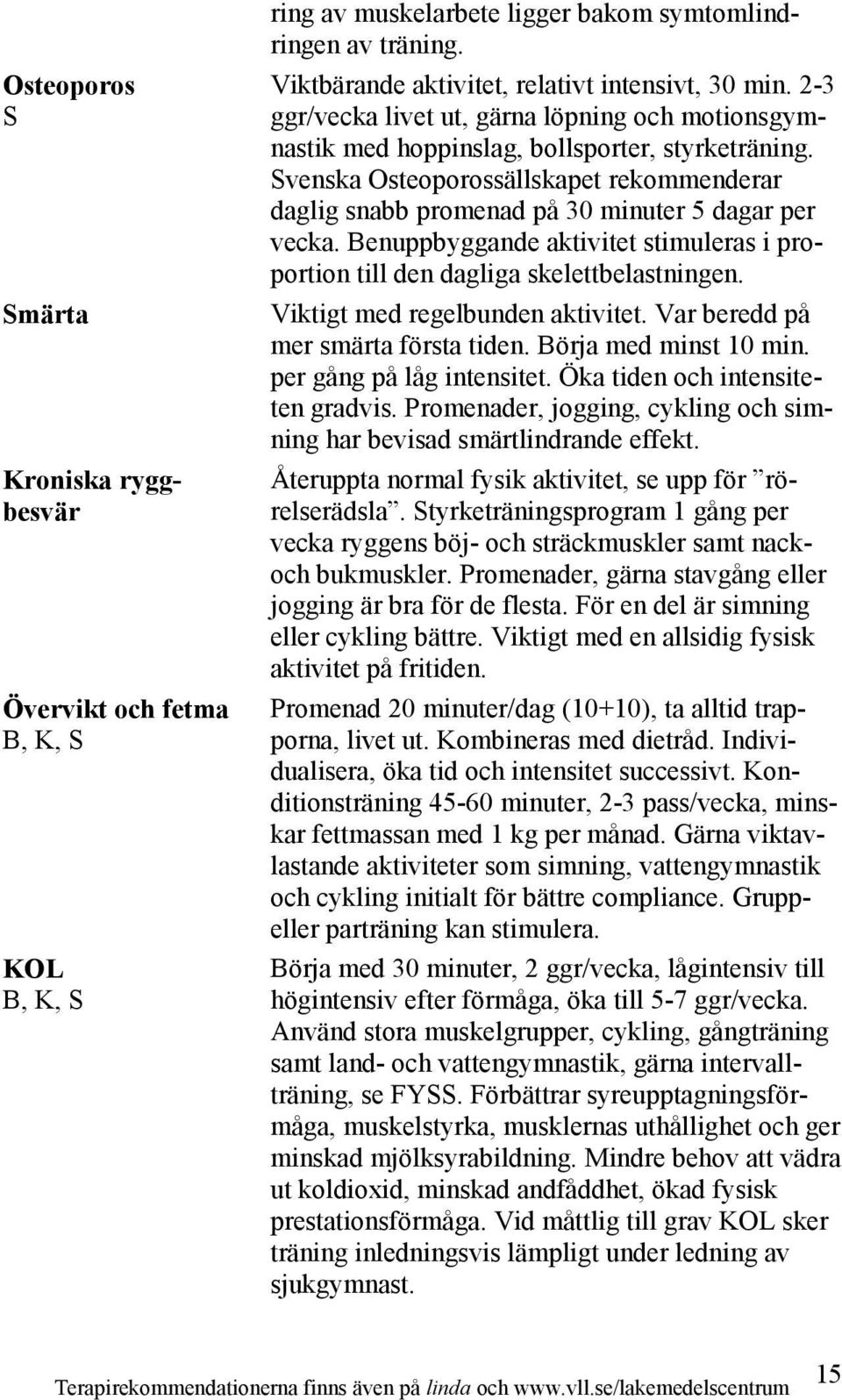 Benuppbyggande aktivitet stimuleras i proportion till den dagliga skelettbelastningen. Viktigt med regelbunden aktivitet. Var beredd på mer smärta första tiden. Börja med minst 10 min.