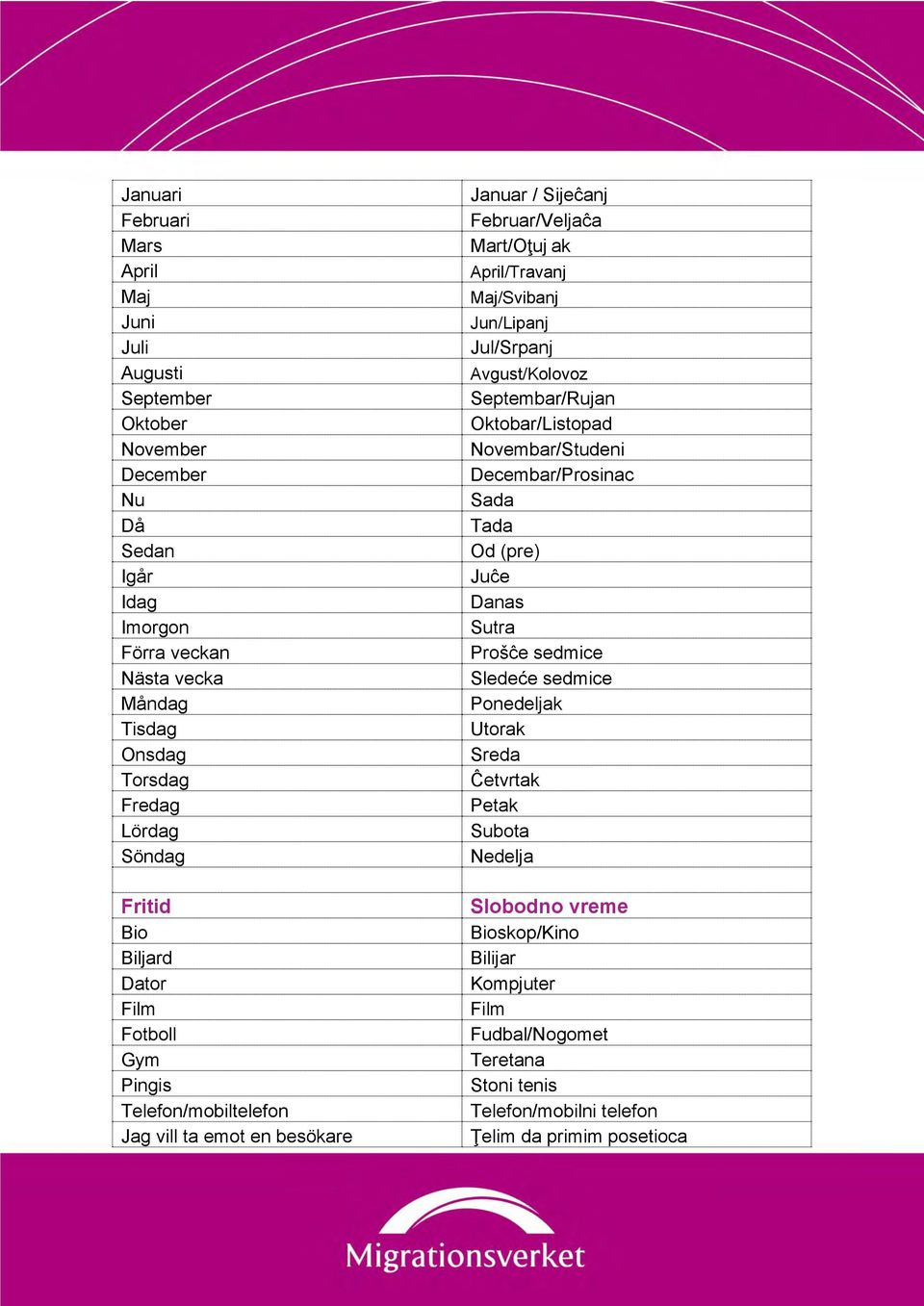 Maj/Svibanj Jun/Lipanj Jul/Srpanj Avgust/Kolovoz Septembar/Rujan Oktobar/Listopad Novembar/Studeni Decembar/Prosinac Sada Tada Od (pre) Juĉe Danas Sutra Prošĉe sedmice Sledeće