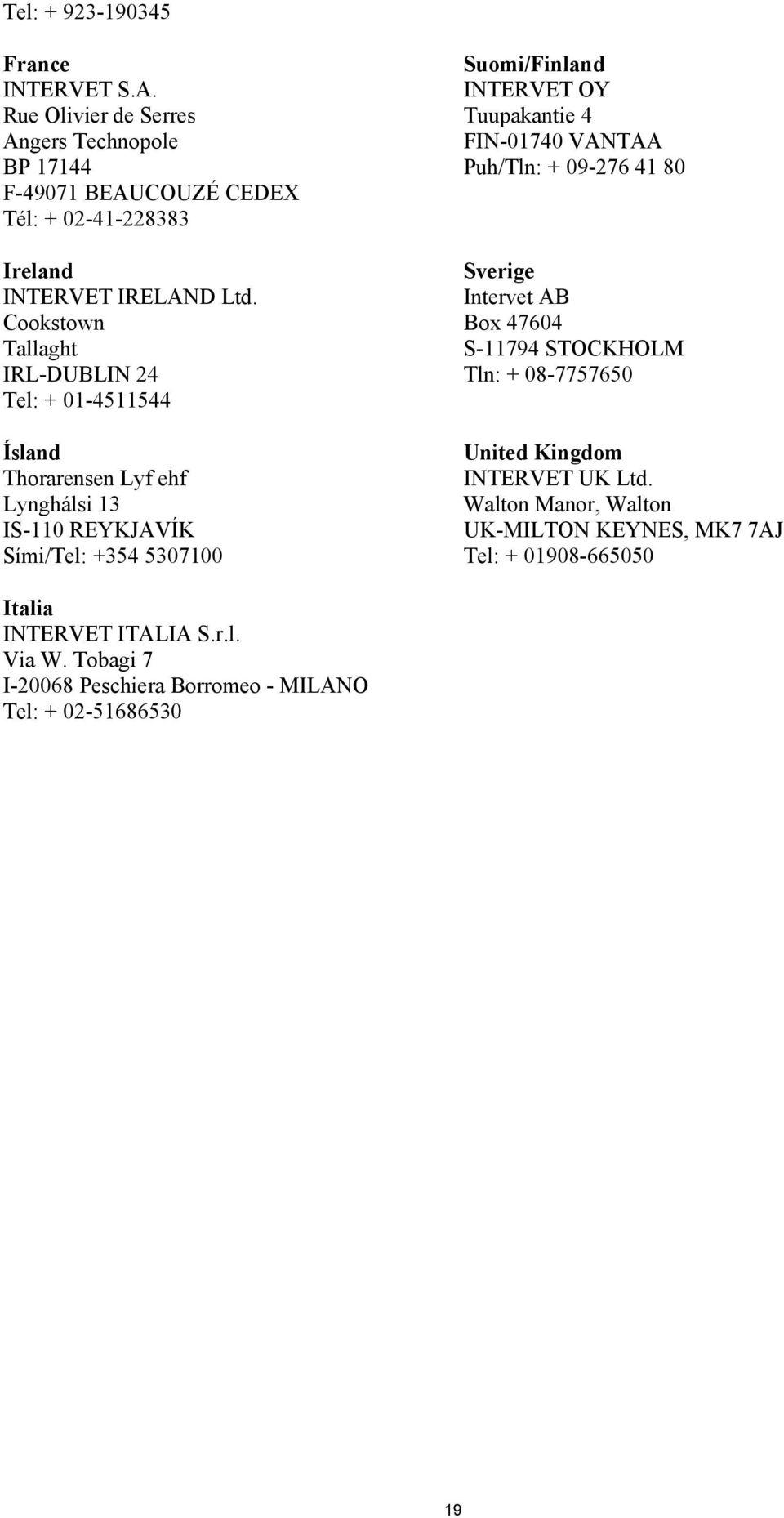 Tuupakantie 4 FIN-01740 VANTAA Puh/Tln: + 09-276 41 80 Sverige Intervet AB Box 47604 S-11794 STOCKHOLM Tln: + 08-7757650 United Kingdom INTERVET UK Ltd.