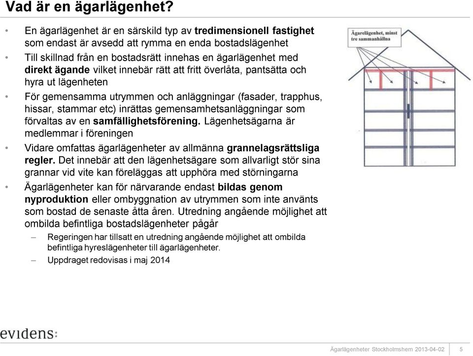 vilket innebär rätt att fritt överlåta, pantsätta och hyra ut lägenheten För gemensamma utrymmen och anläggningar (fasader, trapphus, hissar, stammar etc) inrättas gemensamhetsanläggningar som