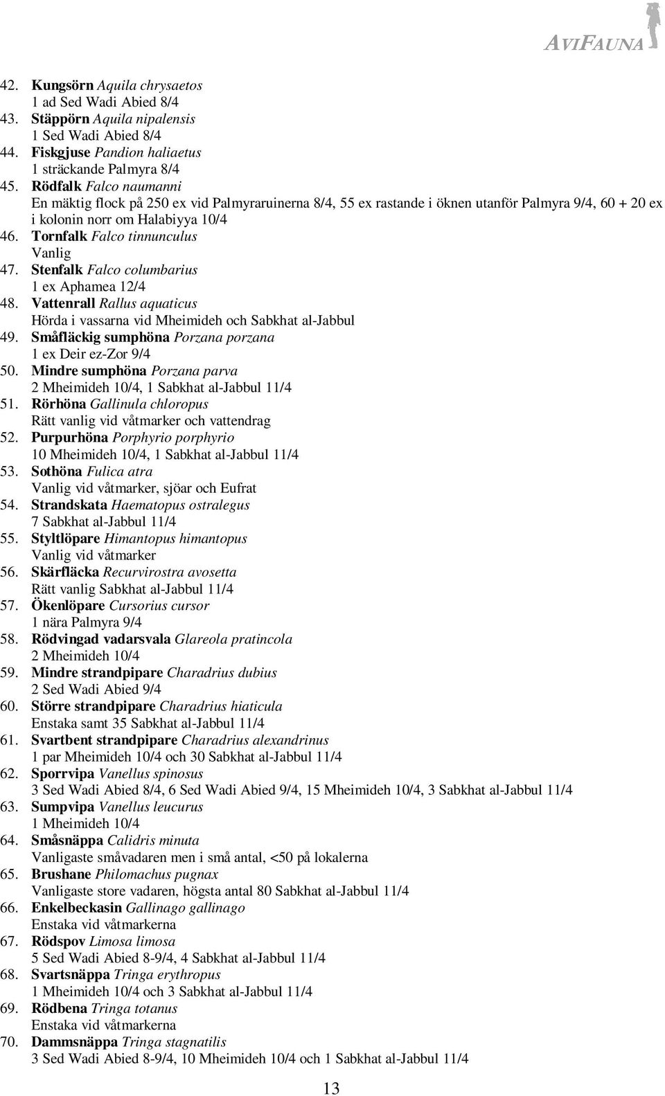 Stenfalk Falco columbarius 1 ex Aphamea 12/4 48. Vattenrall Rallus aquaticus Hörda i vassarna vid Mheimideh och Sabkhat al-jabbul 49. Småfläckig sumphöna Porzana porzana 1 ex Deir ez-zor 9/4 50.