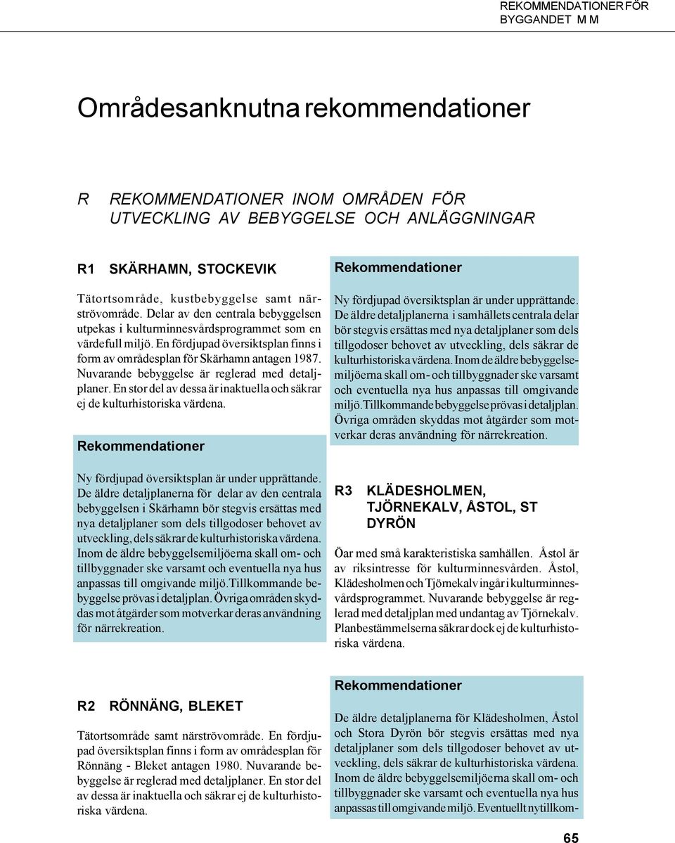 Nuvarande bebyggelse är reglerad med detaljplaner. En stor del av dessa är inaktuella och säkrar ej de kulturhistoriska värdena. Ny fördjupad översiktsplan är under upprättande.